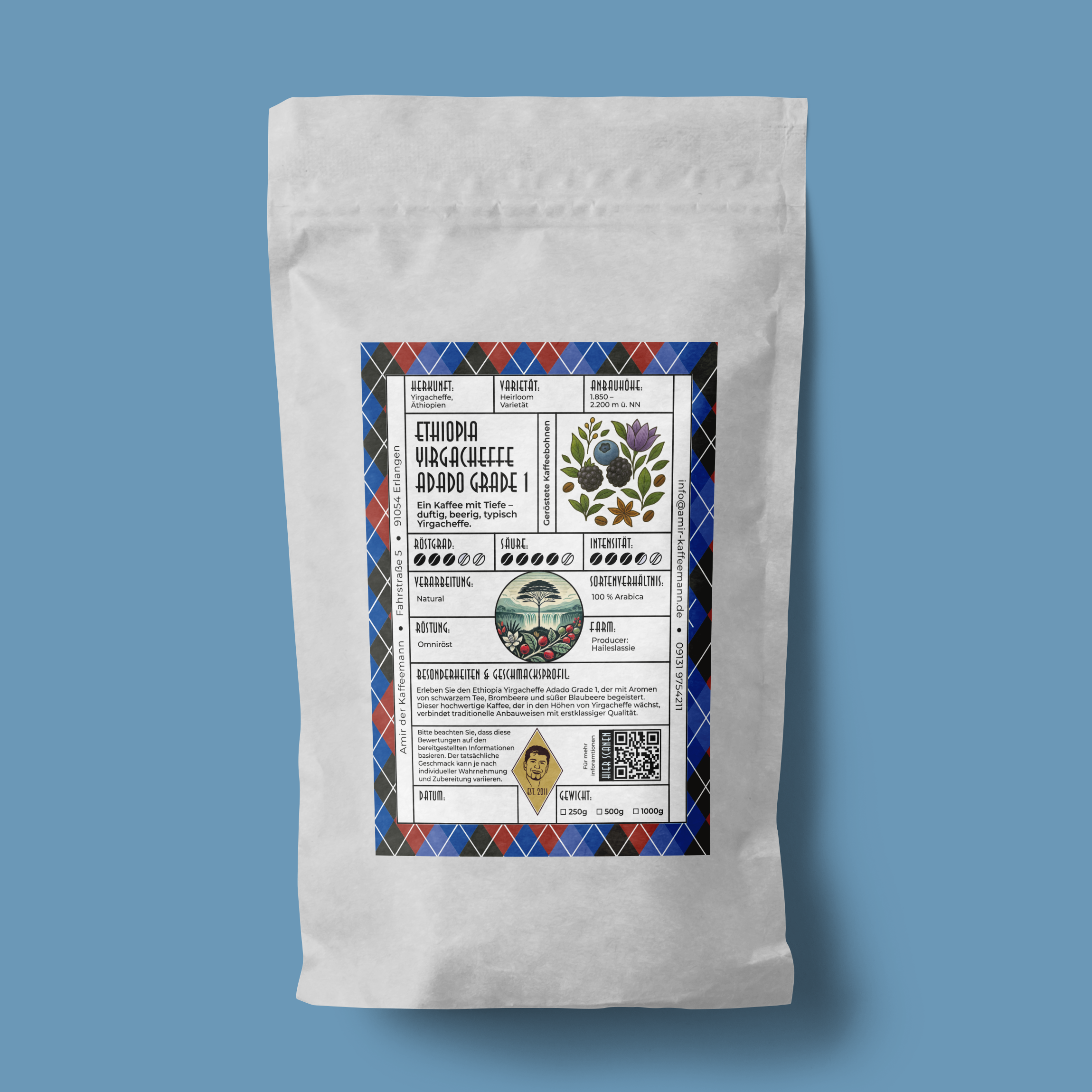 Ethiopia Yirgacheffe Adado Grade 1 Kaffeebohnen, hervorgehoben durch ihre natürliche Farbenvielfalt und Textur.