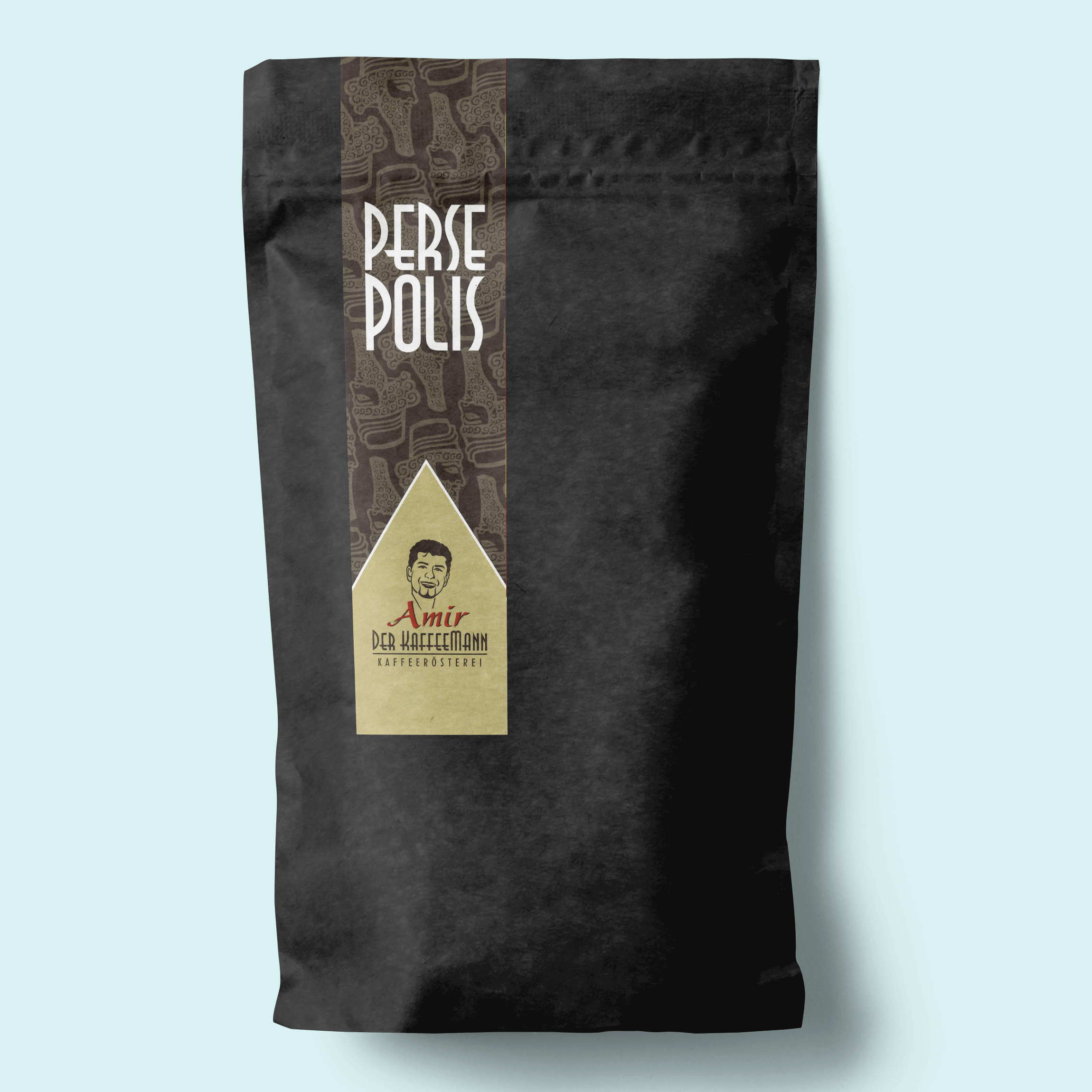 Verpackung des Perse Polis Kaffees mit kräftigem Geschmack und süßlichem Abgang, Mischung aus Mexiko, Brasilien und Indien