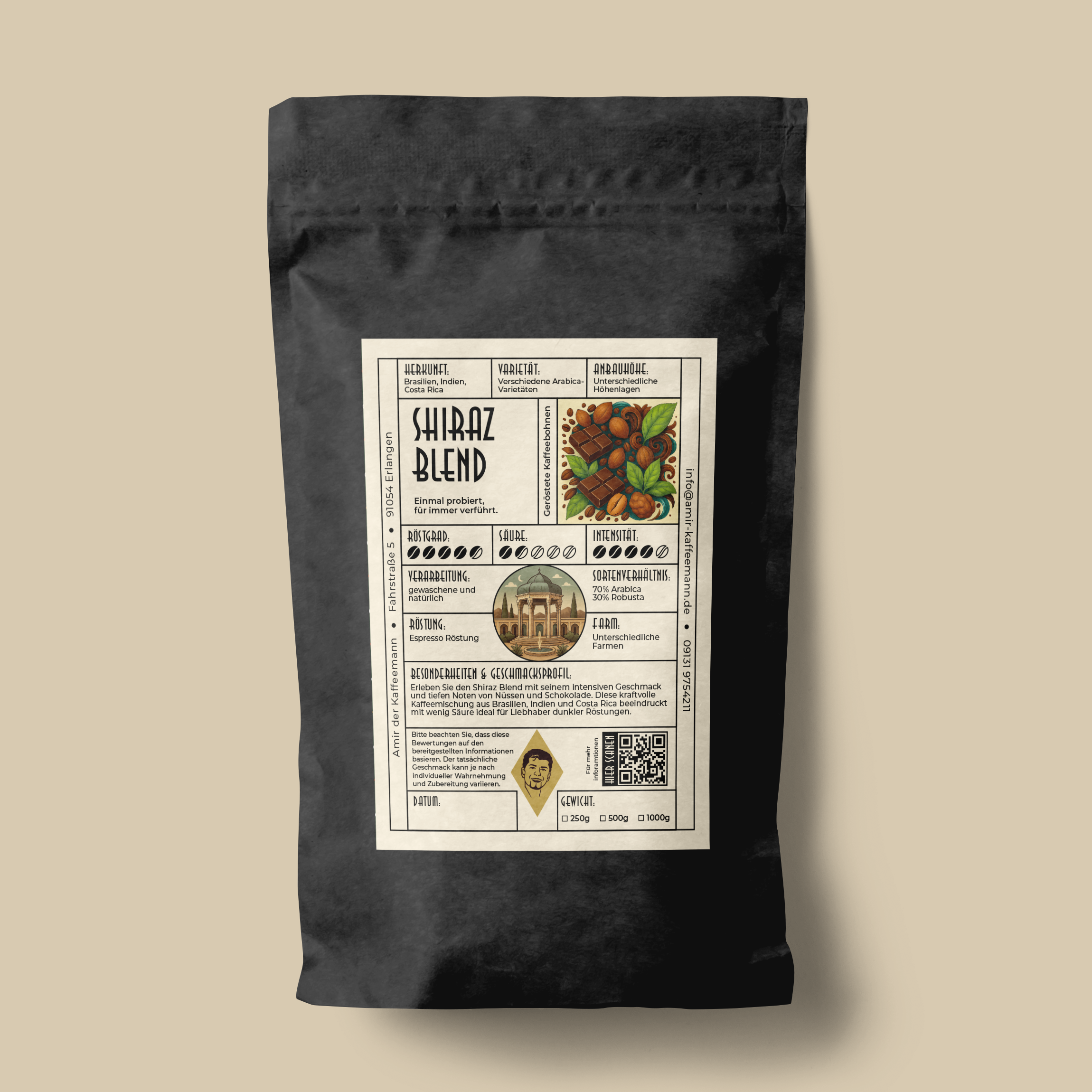 Schwarze Verpackung von Shiraz Blend Kaffee, gekennzeichnet durch seinen intensiven Geschmack und dunkle Röstung, ideal für Espresso.