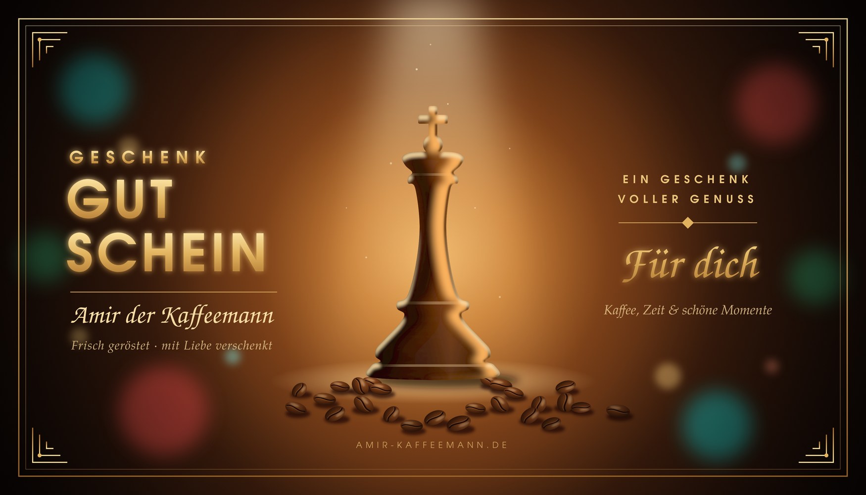Geschenkgutschein von Amir der Kaffeemann – Schachkönig mit Kaffeebohnen im warmen Licht