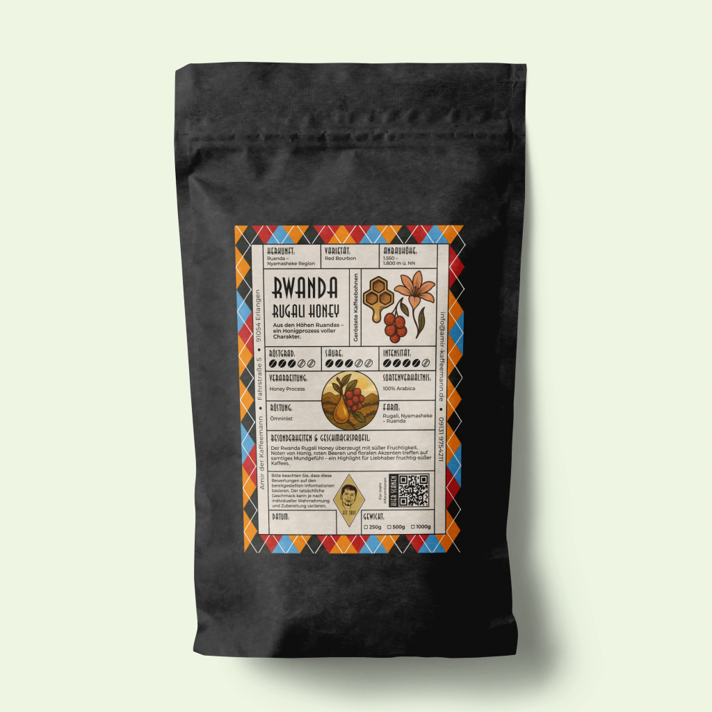 Rwanda Rugali Honey Kaffee – schwarze Verpackung mit farbenfrohem Etikett und detaillierten Informationen zum Anbau, Geschmack und Herkunft