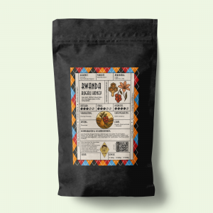 Rwanda Rugali Honey Kaffee – schwarze Verpackung mit farbenfrohem Etikett und detaillierten Informationen zum Anbau, Geschmack und Herkunft