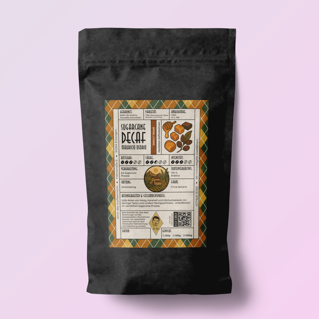 Produktfoto des „Sugarcane Decaf – Mauricio Osorio“ – entkoffeinierter Spezialitätenkaffee aus Kolumbien, Finca Samaria, mit Noten von Honig, Karamell und Milchschokolade