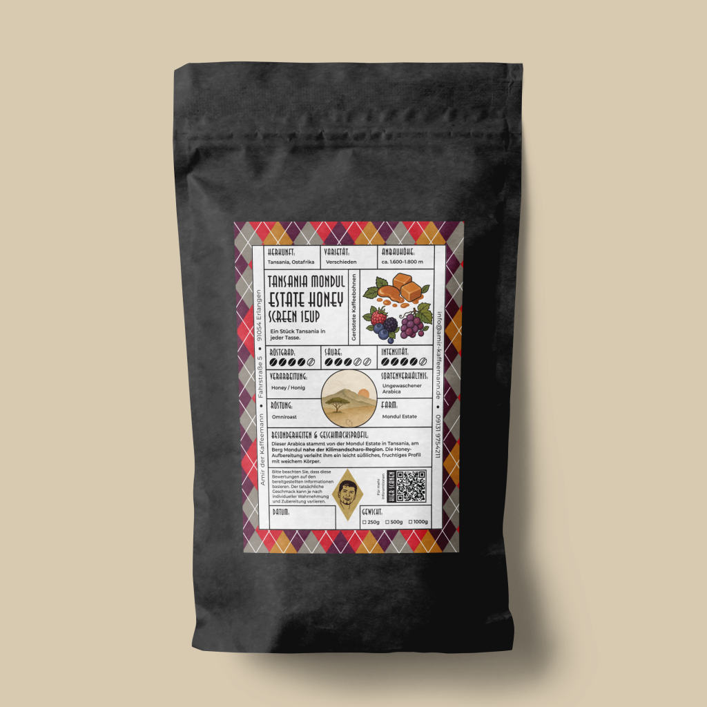 Schwarze Kaffeeverpackung mit Etikett für Tansania Mondul Estate Honey Screen 15up von Amir der Kaffeemann.