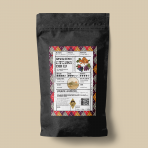 Schwarze Kaffeeverpackung mit Etikett für Tansania Mondul Estate Honey Screen 15up von Amir der Kaffeemann.